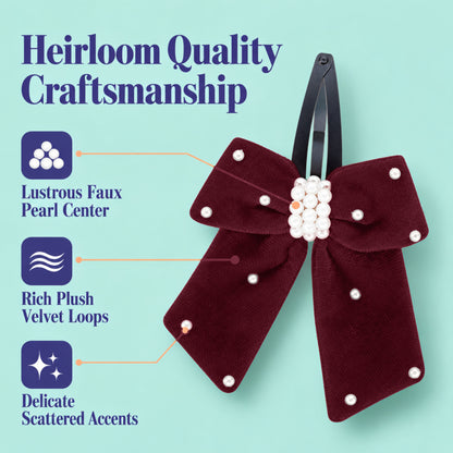 Elegant velvet bow on tic-tac pins with pearls - Maroon
