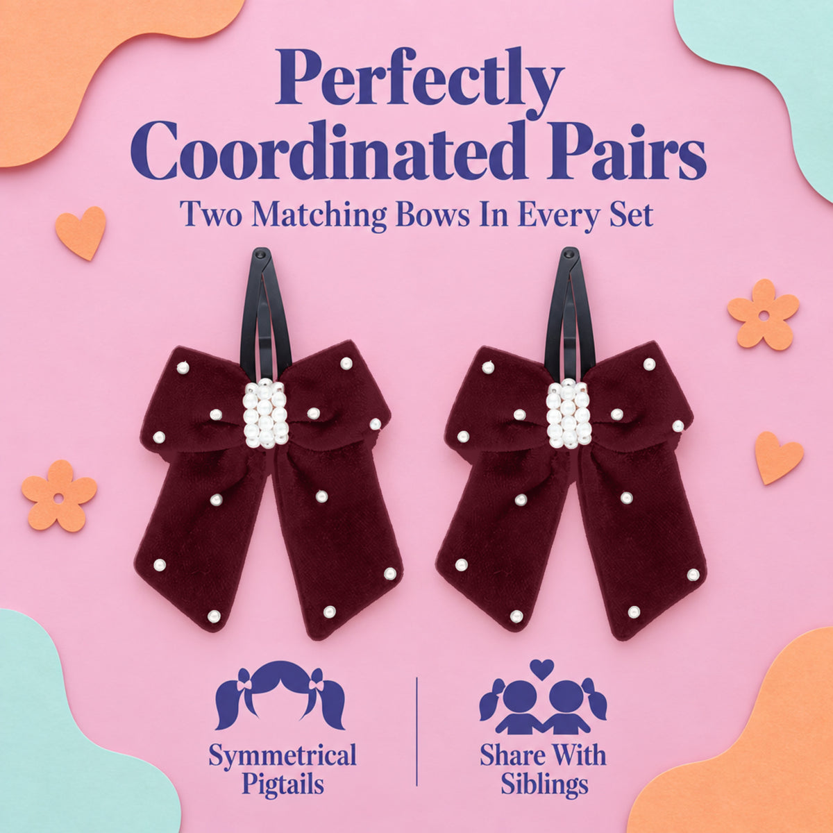 Elegant velvet bow on tic-tac pins with pearls - Maroon