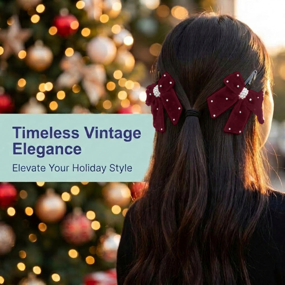 Elegant velvet bow on tic-tac pins with pearls - Maroon
