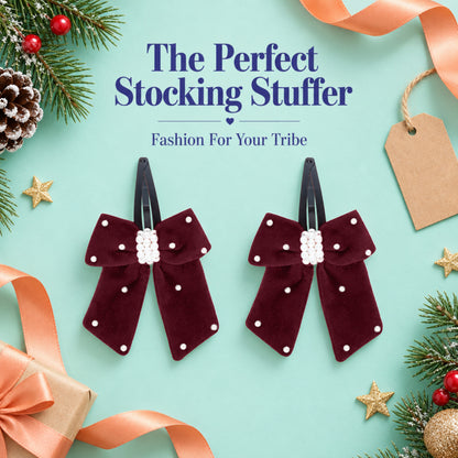 Elegant velvet bow on tic-tac pins with pearls - Maroon