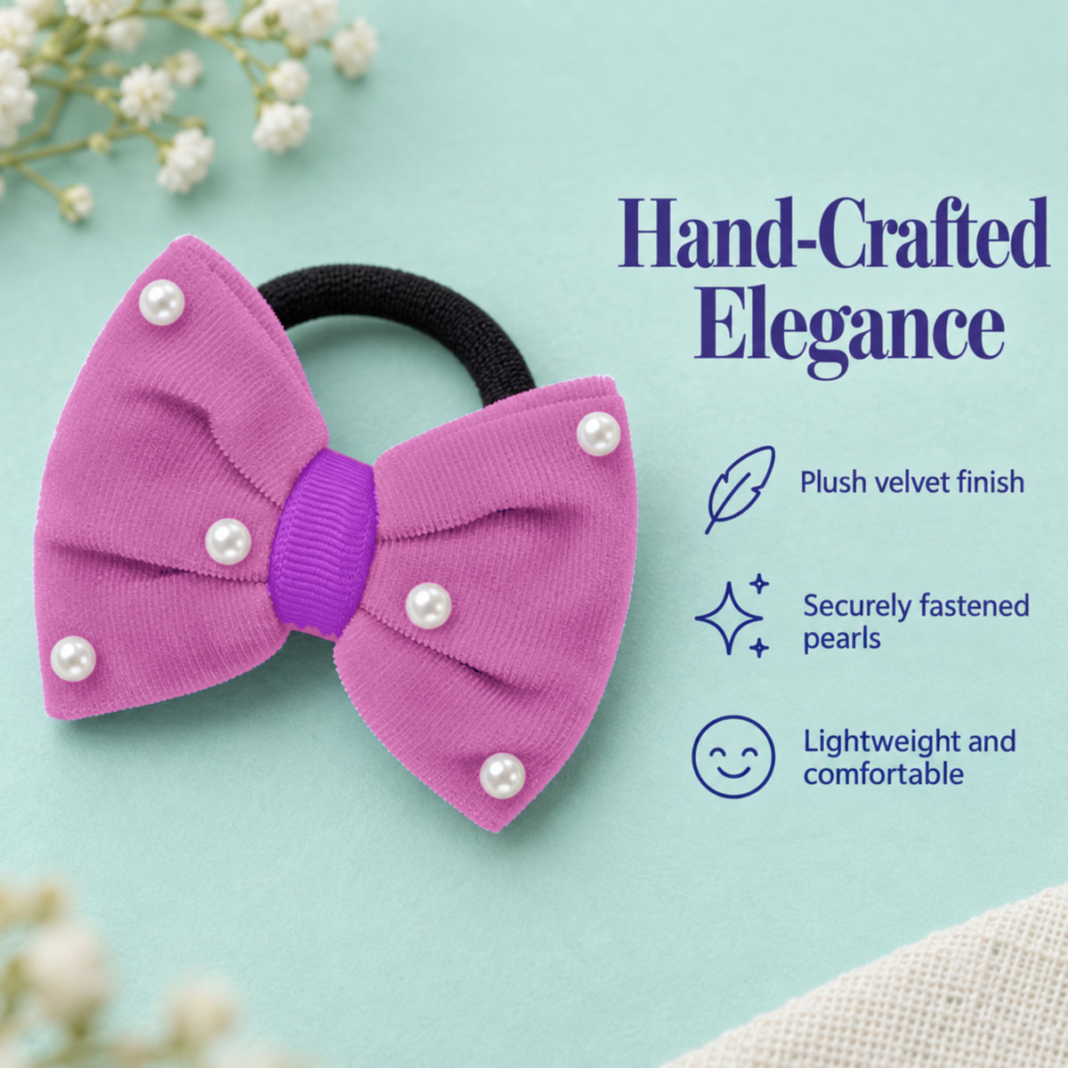 Velvet bow on rubberbands with pearls - Purple