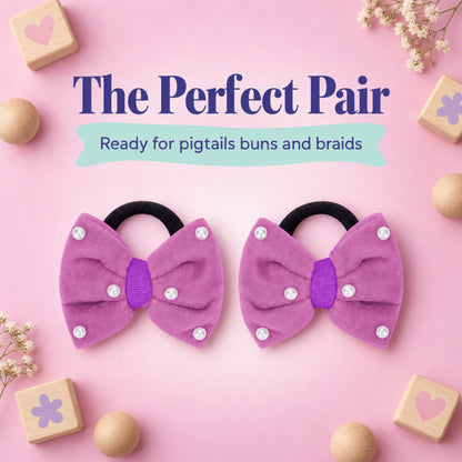 Velvet bow on rubberbands with pearls - Purple