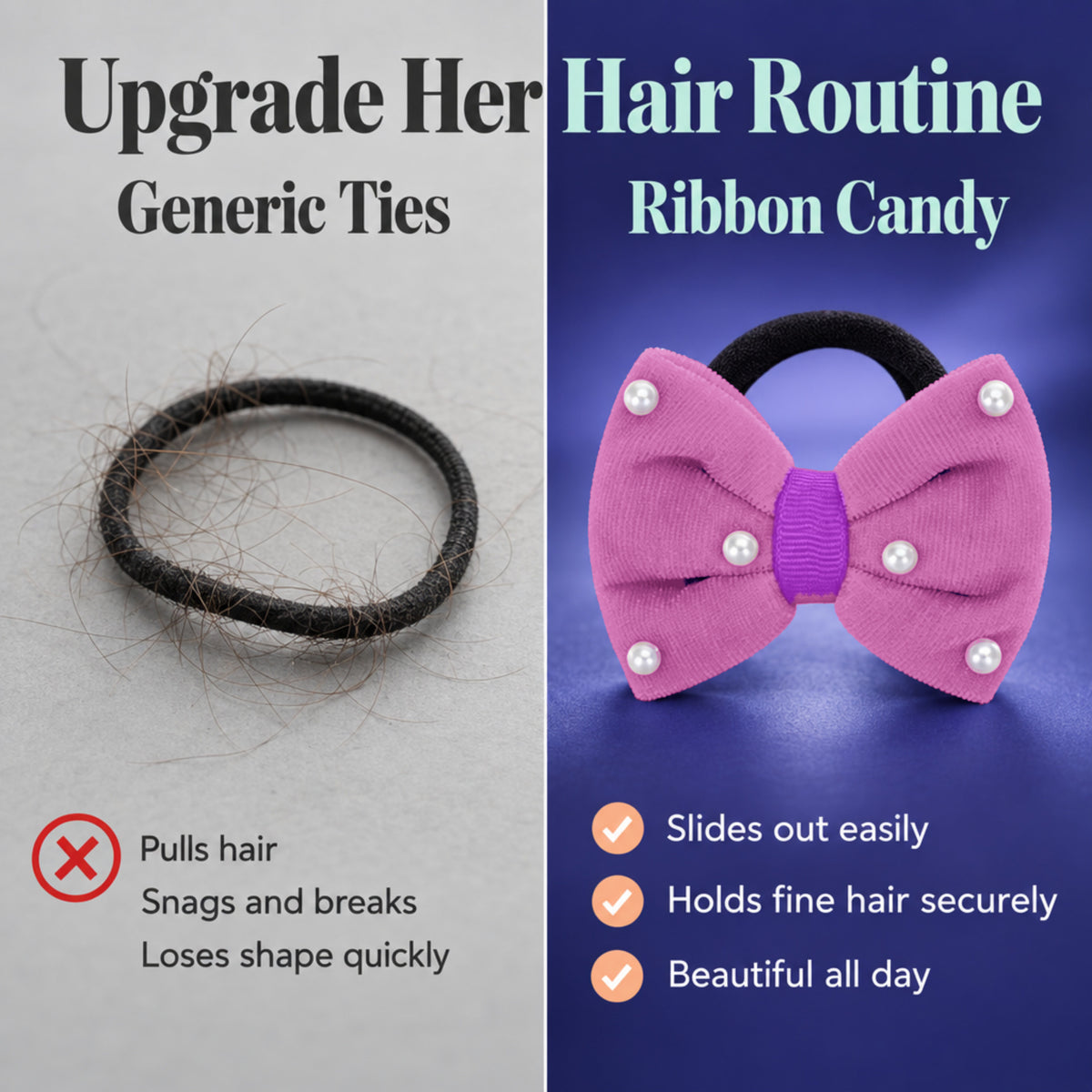 Velvet bow on rubberbands with pearls - Purple