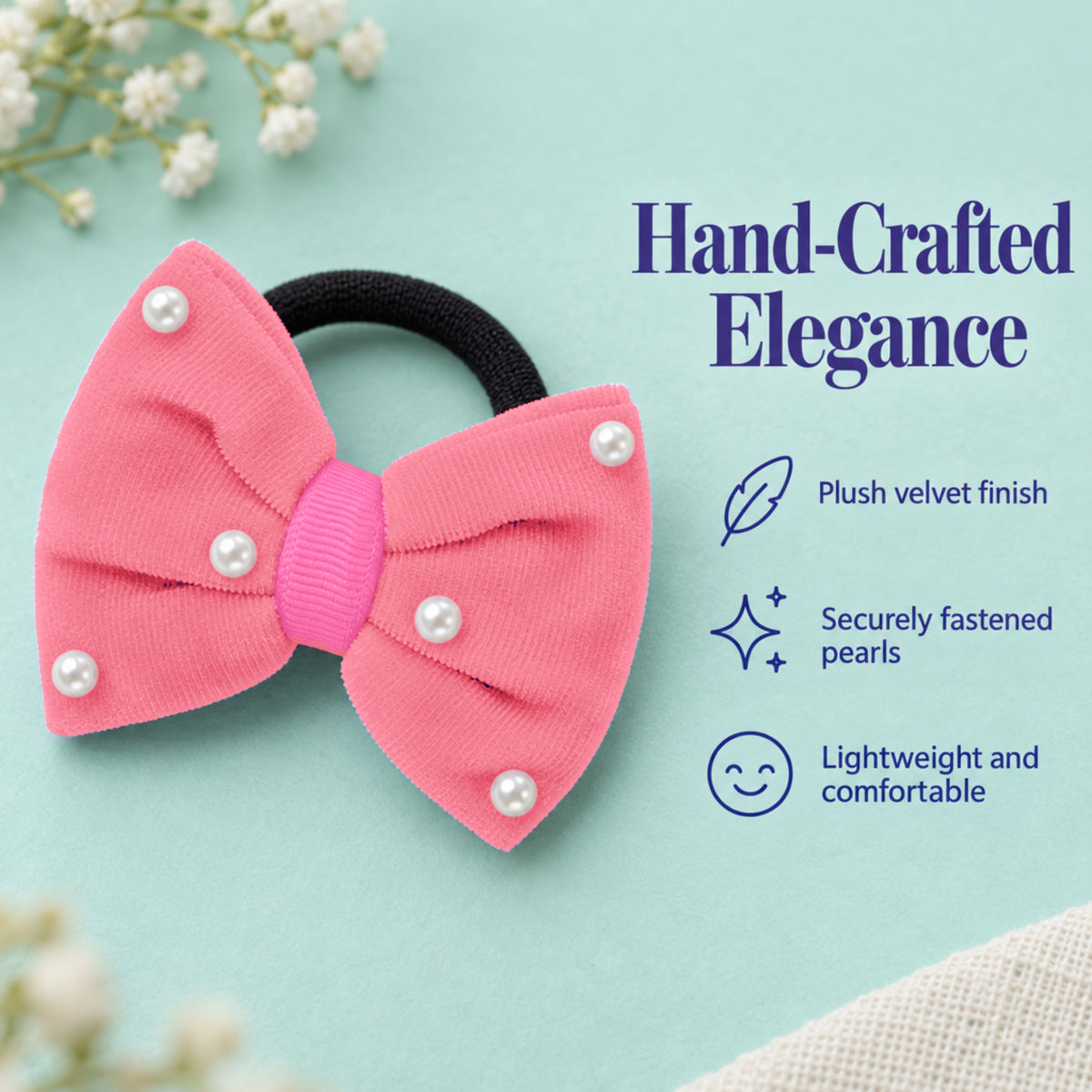Velvet bow on rubberbands with pearls - Peach