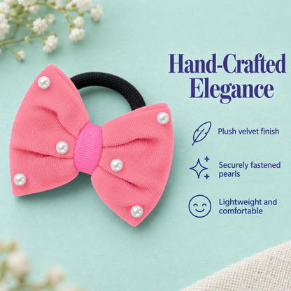 Velvet bow on rubberbands with pearls - Peach