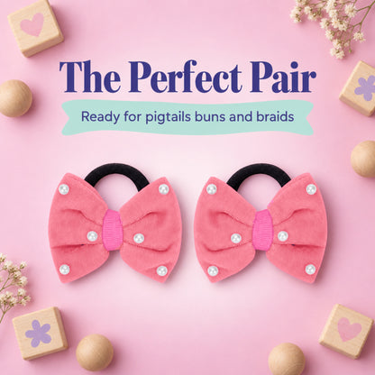 Velvet bow on rubberbands with pearls - Peach