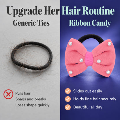 Velvet bow on rubberbands with pearls - Peach
