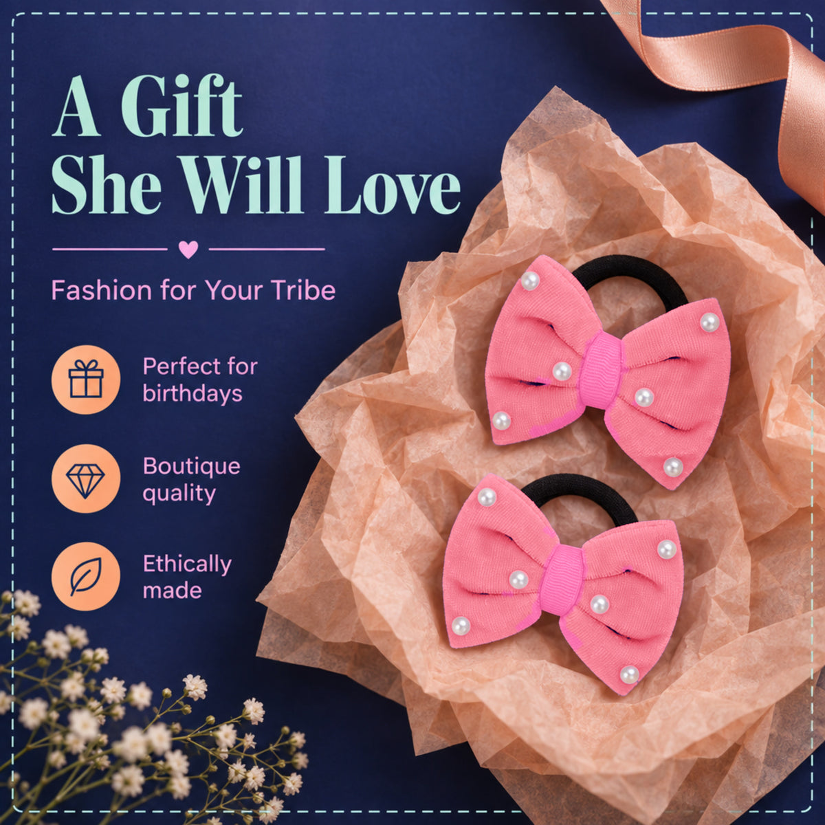 Velvet bow on rubberbands with pearls - Peach