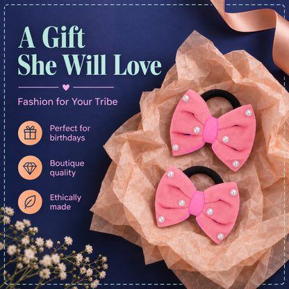 Velvet bow on rubberbands with pearls - Peach