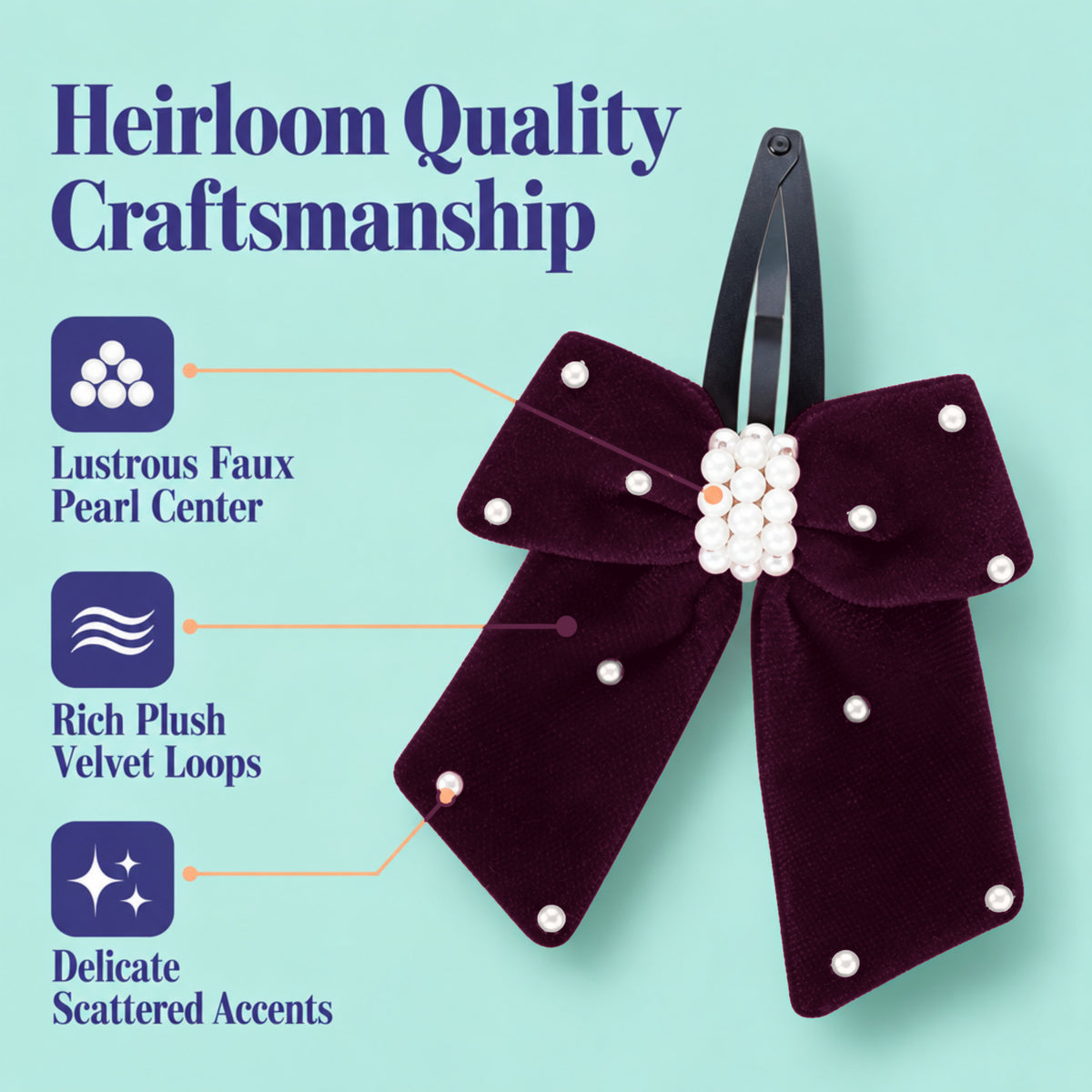Elegant velvet bow on tic-tac pins with pearls - Magenta