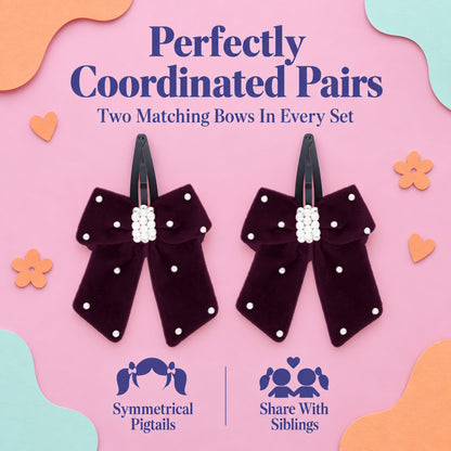 Elegant velvet bow on tic-tac pins with pearls - Magenta