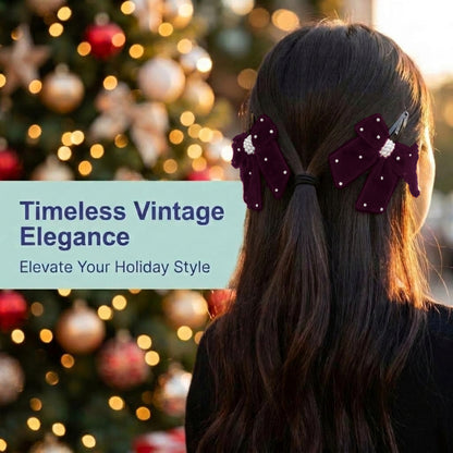 Elegant velvet bow on tic-tac pins with pearls - Magenta