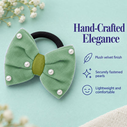 Velvet bow on rubberbands with pearls - Olive green