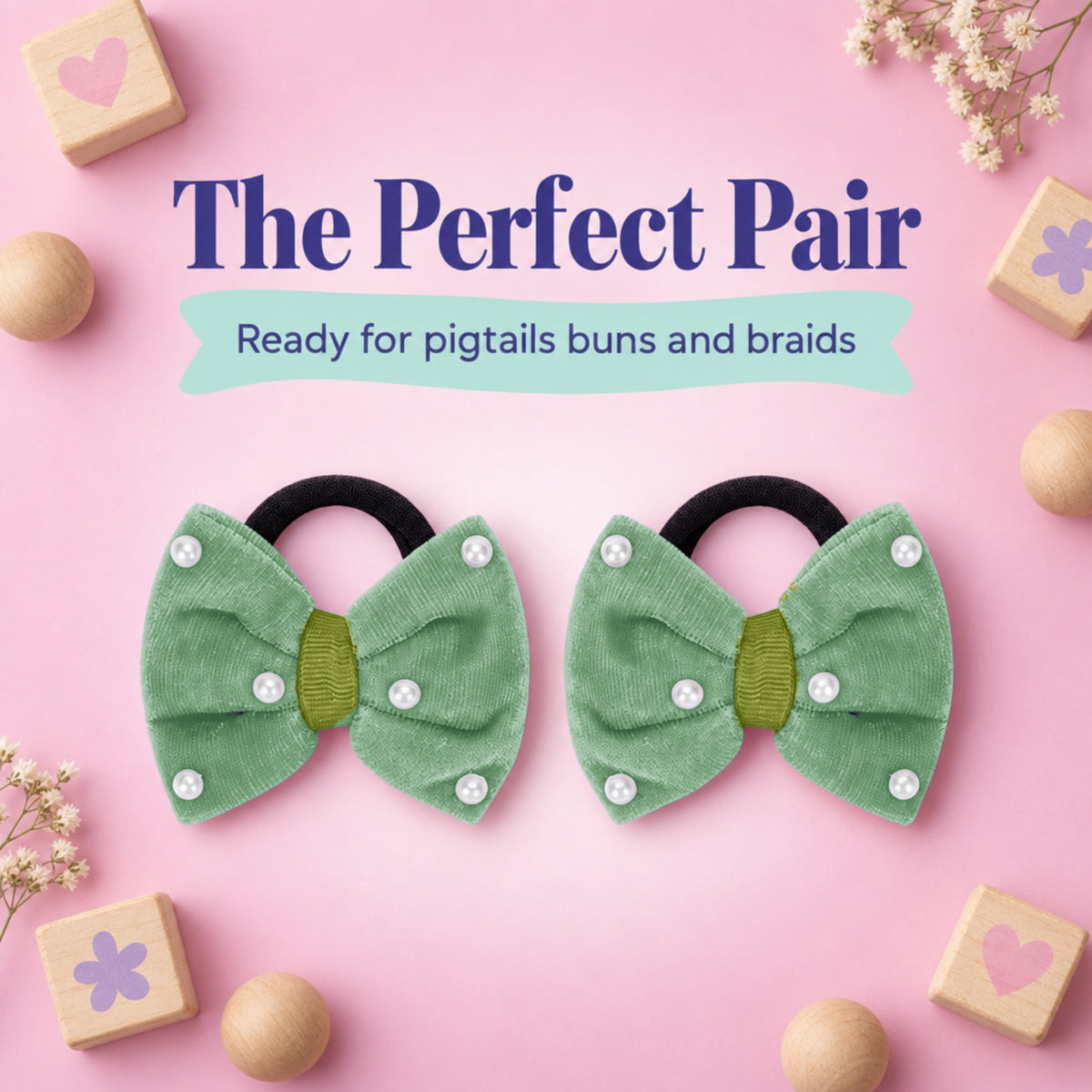 Velvet bow on rubberbands with pearls - Olive green