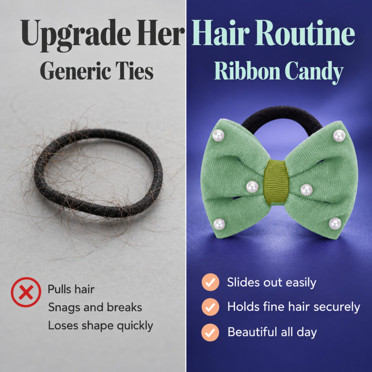 Velvet bow on rubberbands with pearls - Olive green