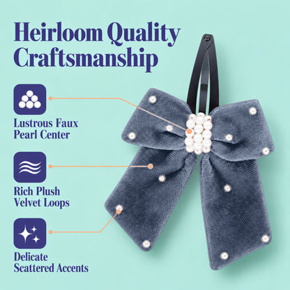Elegant velvet bow on tic-tac pins with pearls - Grey