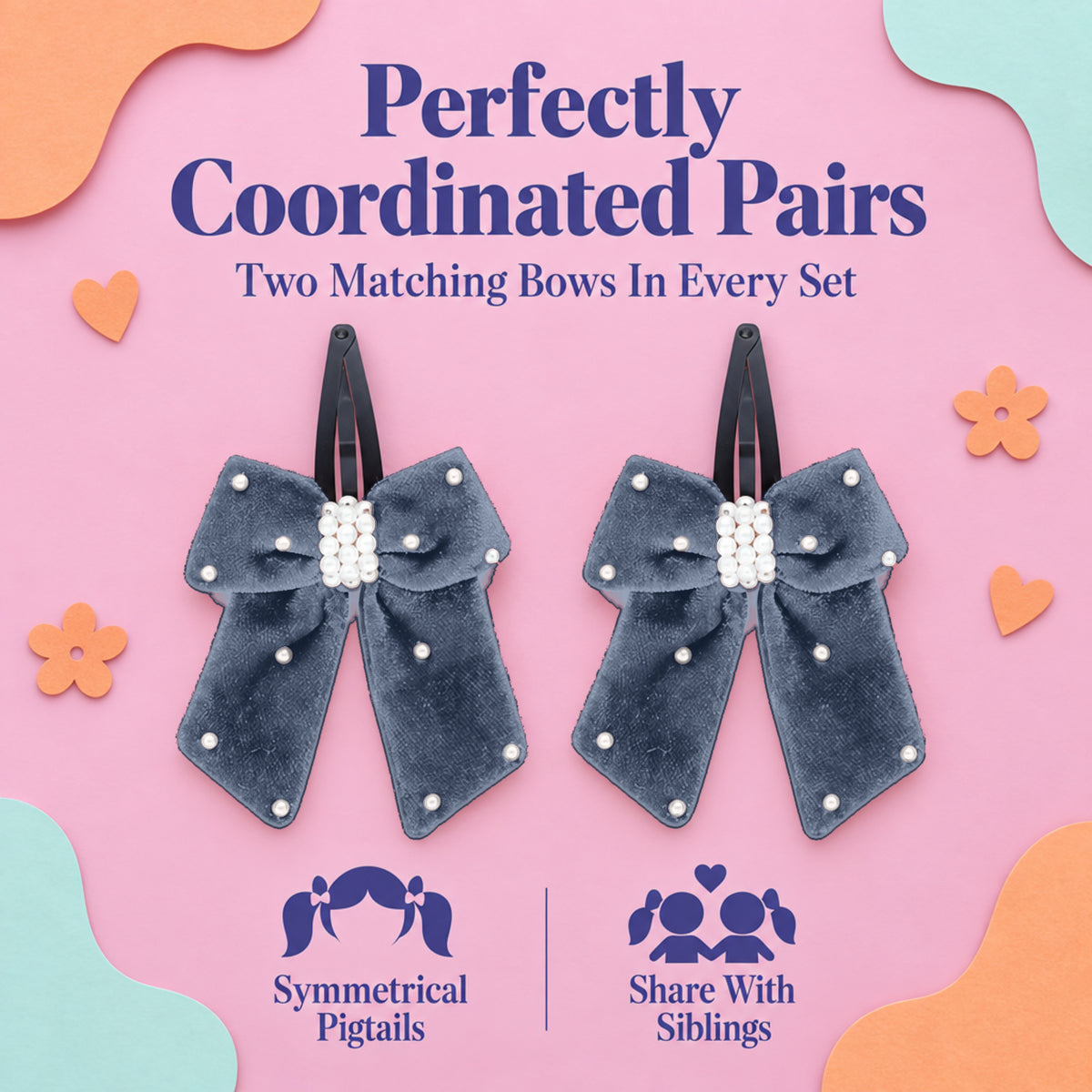 Elegant velvet bow on tic-tac pins with pearls - Grey