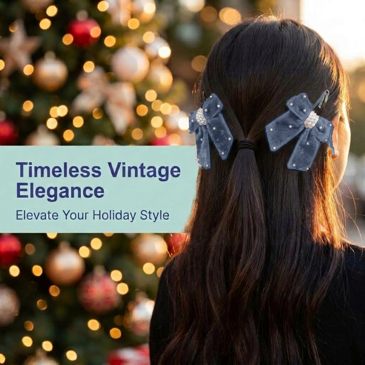 Elegant velvet bow on tic-tac pins with pearls - Grey