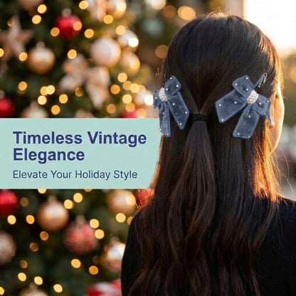Elegant velvet bow on tic-tac pins with pearls - Grey