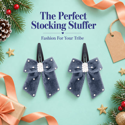 Elegant velvet bow on tic-tac pins with pearls - Grey