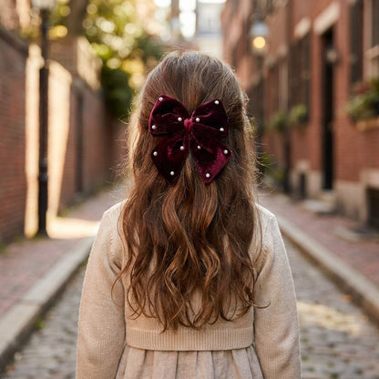 Velvet Party Bow With Pearl Ditailing on Alligator Pin - Magenta