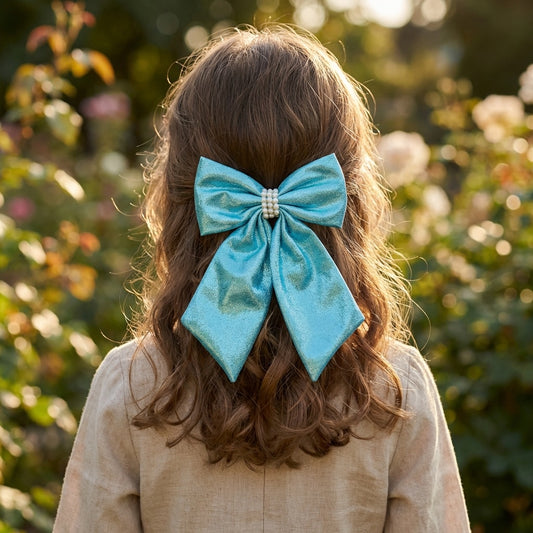 Shiny bow with pearls on alligator clip - Blue