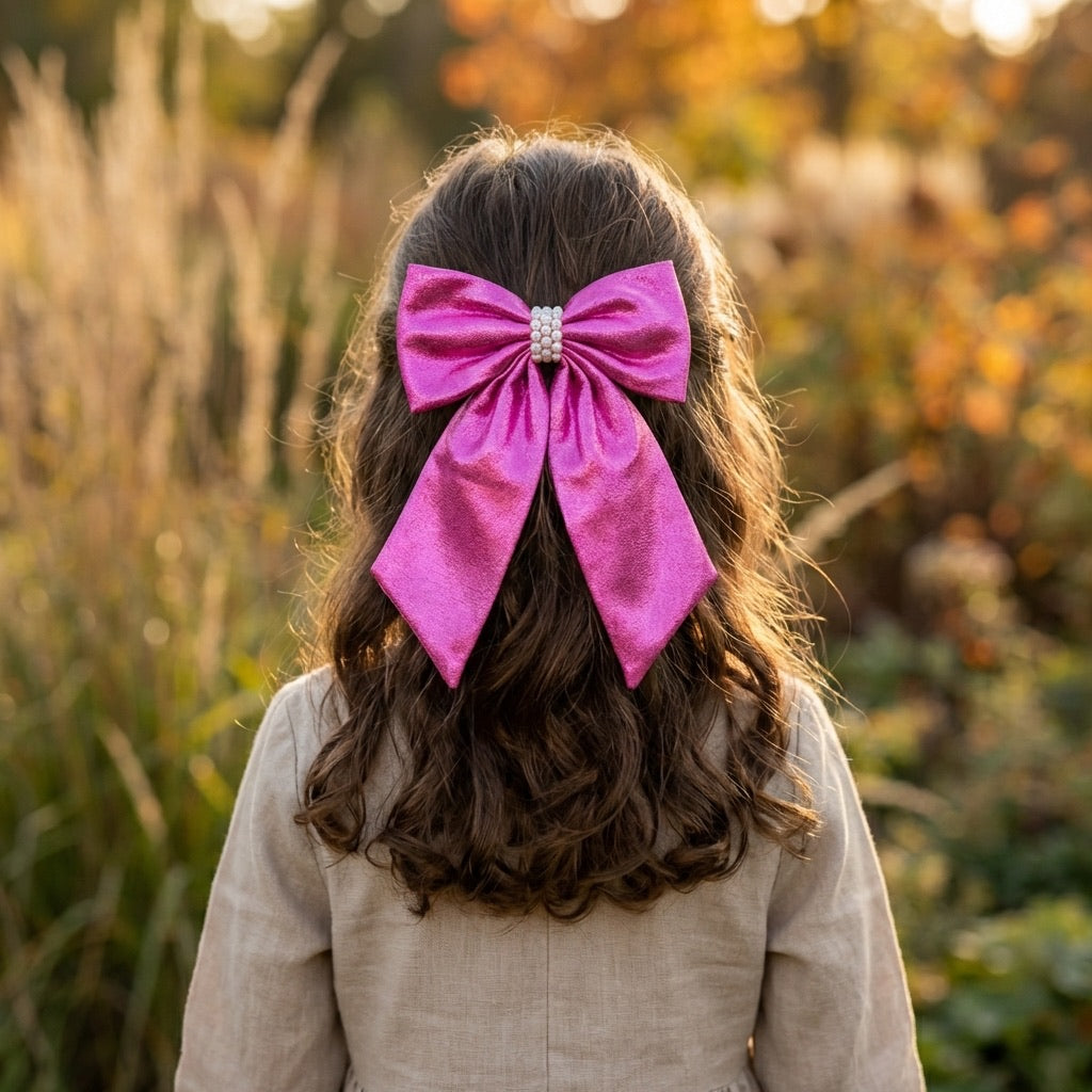 Shiny bow with pearls on alligator clip - Fuchsia