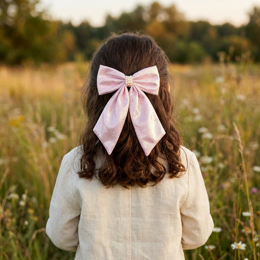 Shiny bow with pearls on alligator clip - Baby pink