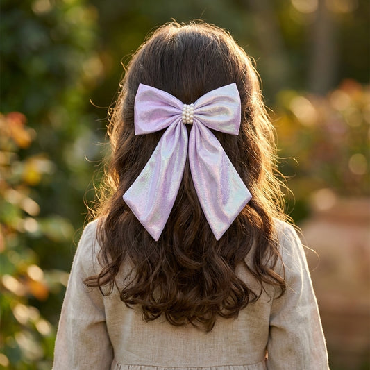 Shiny bow with pearls on alligator clip - Lavender