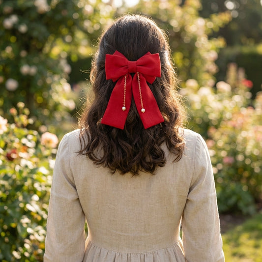 Dual Bow (Large) With Chain and Pearl Detailing on Alligator Clip - Red