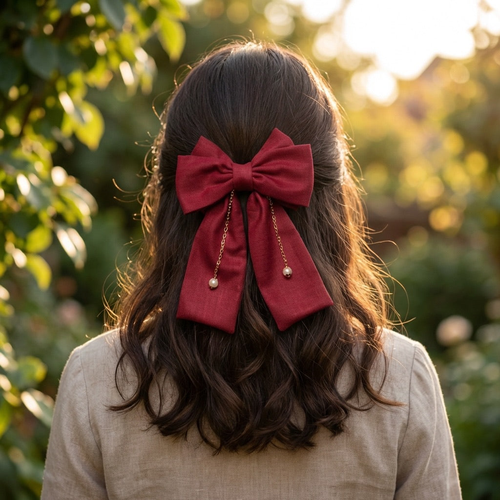 Dual Bow (Large) With Chain and Pearl Detailing on Alligator Clip - Maroon