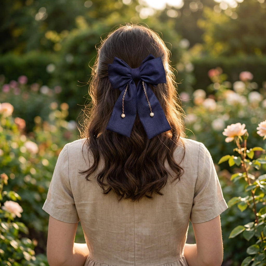 Dual Bow (Large) With Chain and Pearl Detailing on Alligator Clip - Navy Blue