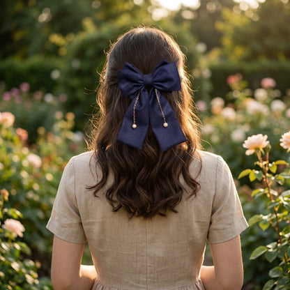 Dual Bow (Large) With Chain and Pearl Detailing on Alligator Clip - Navy Blue