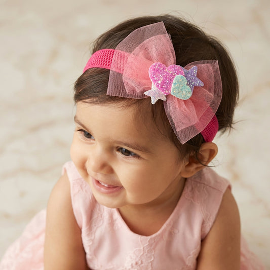 Soft net bow on super soft infant stretchy bands with glitter stars and heats - Red