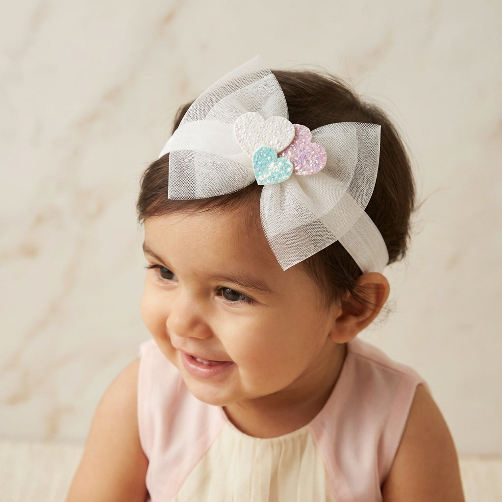 Soft net bow on super soft infant stretchy bands with glitter stars and heats - White