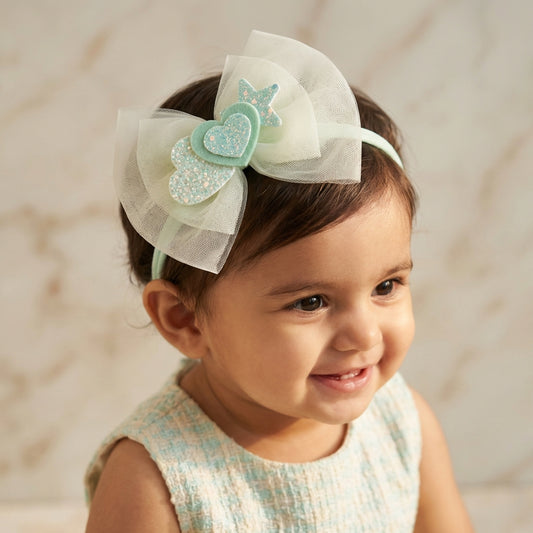 Soft net bow on super soft infant stretchy bands with glitter stars and heats - Sea green