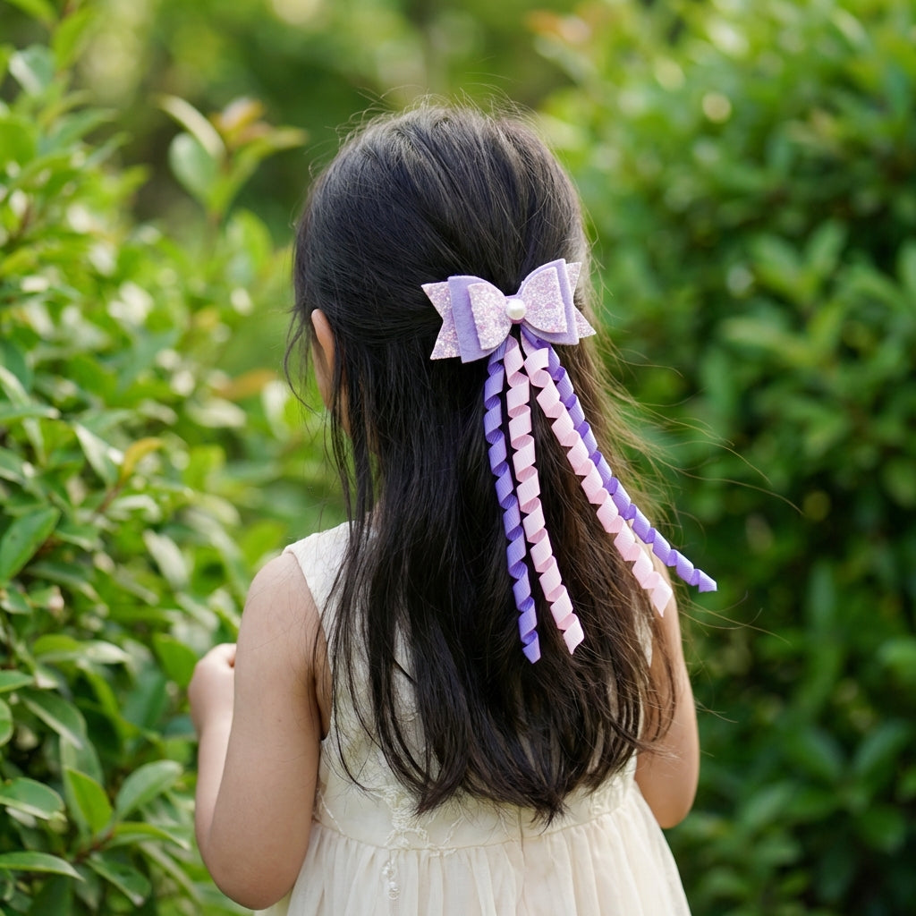 Combo: 1 Dangler Hair-pin and 2 Rubberbands with Fancy Shimmer Bow for Party -  Light Pink, Purple