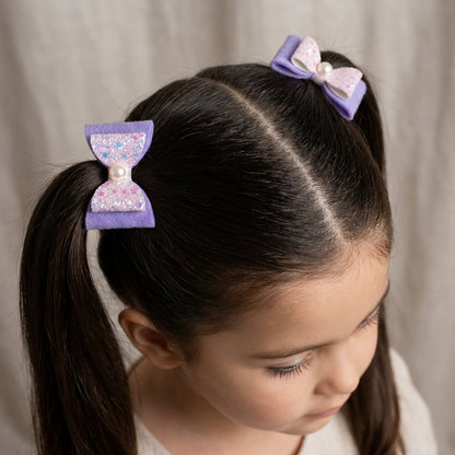Combo: 1 Dangler Hair-pin and 2 Rubberbands with Fancy Shimmer Bow for Party -  Light Pink, Purple