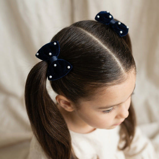 Cute Valvet Bow With Pearl Detailing Rubber Band - Nevy Blue