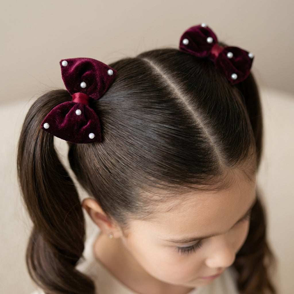 Cute Valvet Bow With Pearl Detailing Rubber Band - Magenta