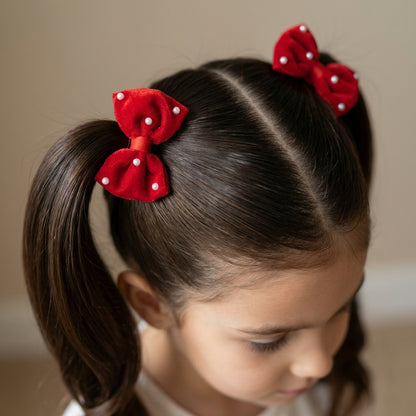 Cute Valvet Bow With Pearl Detailing Rubber Band - Red