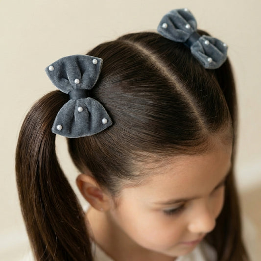 Cute Valvet Bow With Pearl Detailing Rubber Band - Grey
