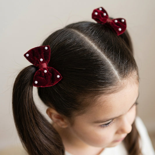 Cute Valvet Bow With Pearl Detailing Rubber Band - Maroon