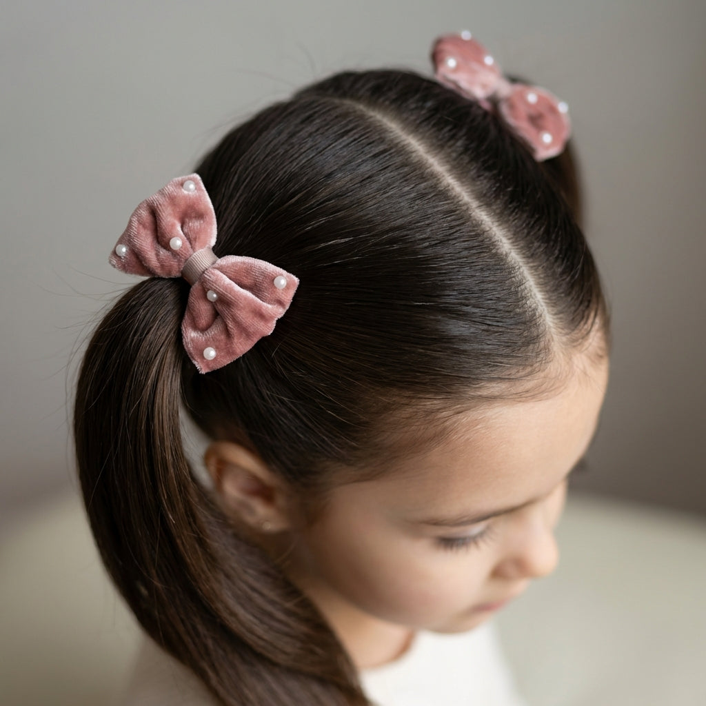 Cute Valvet Bow With Pearl Detailing Rubber Band - Dusty Pink