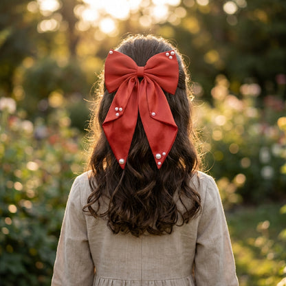 Big fancy satin bow on alligator clip embellished with pearls - Red