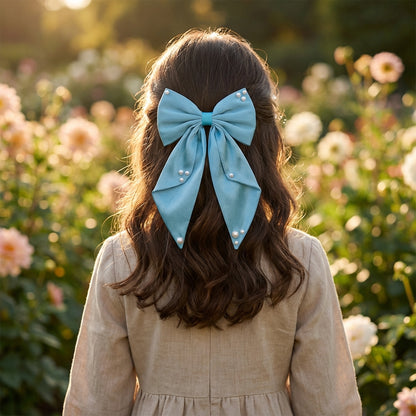 Big fancy satin bow on alligator clip embellished with pearls - Blue