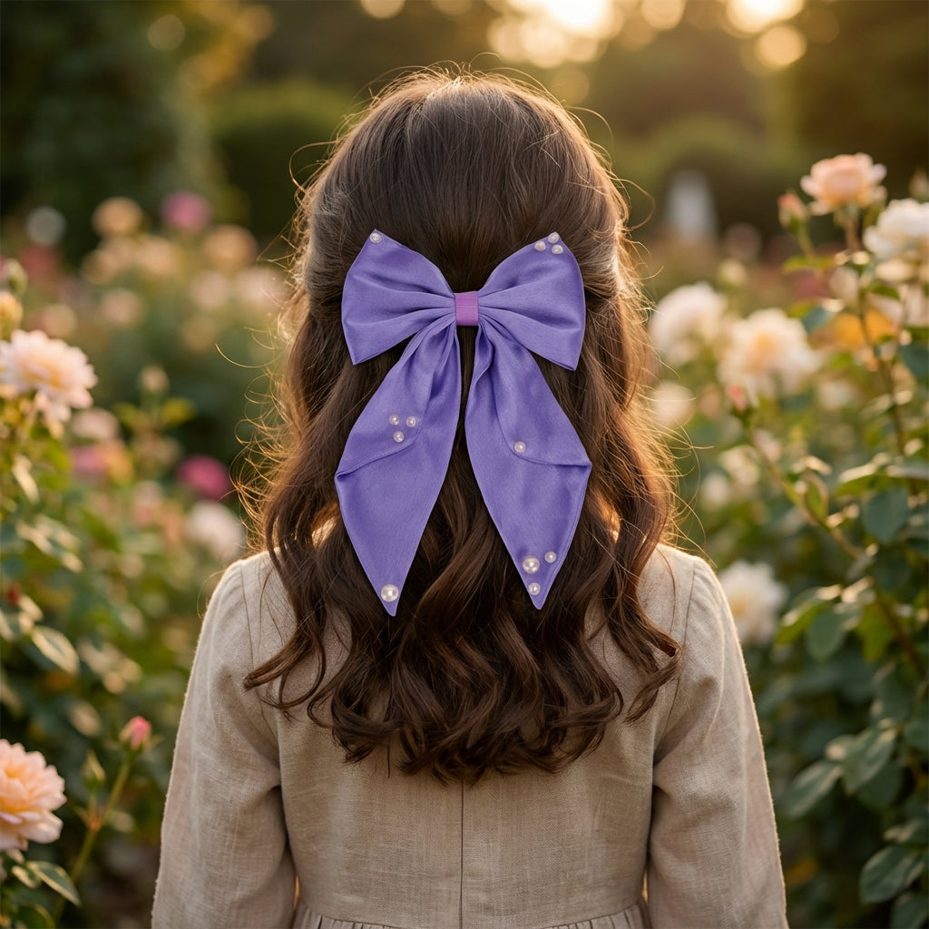 Big fancy satin bow on alligator clip embellished with pearls - Purple