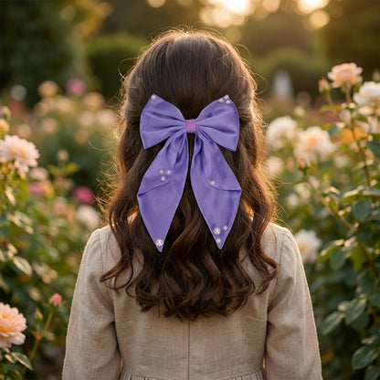 Big fancy satin bow on alligator clip embellished with pearls - Purple
