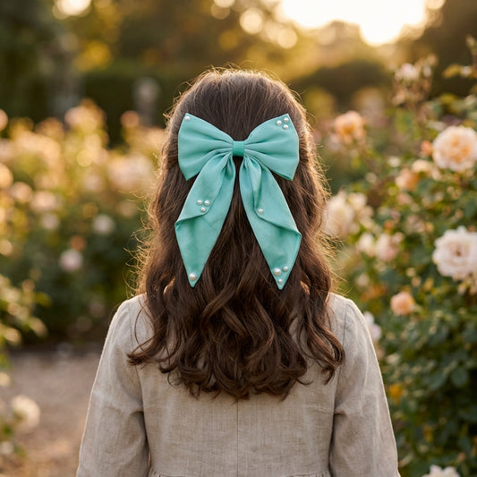 Big fancy satin bow on alligator clip embellished with pearls - Sea Green
