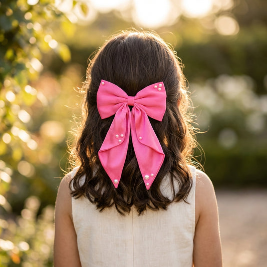 Big fancy satin bow on alligator clip embellished with pearls - Fluorescent pink
